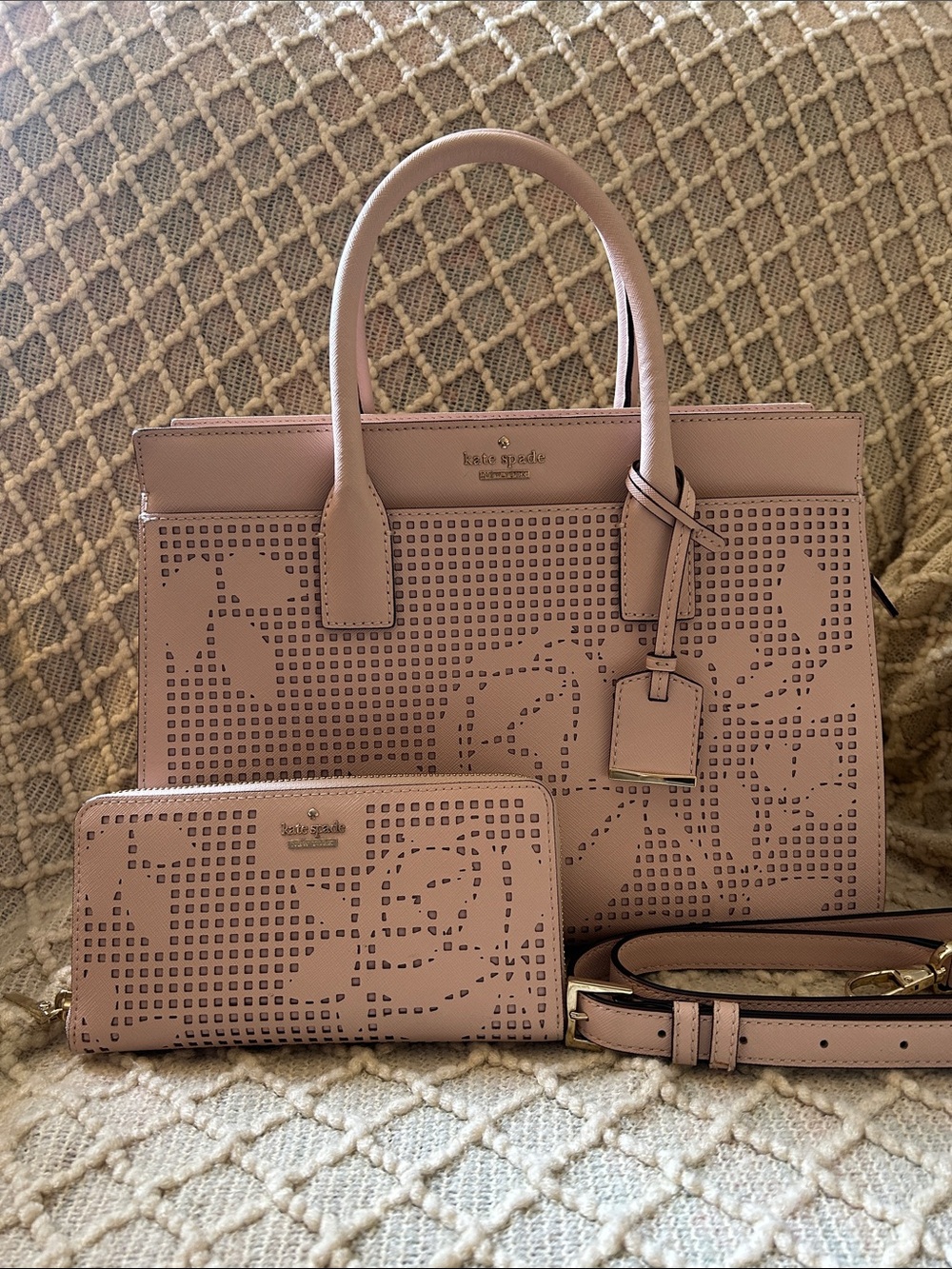 Kate Spade Cameron Perforated Floral Satchel with Wallet and Crossbody Strap